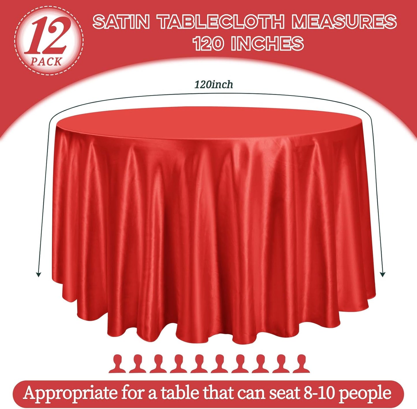 fani 12 Pack 120 Inch Red Satin Tablecloth - Premium Bright Silky Round Tablecloth Overlay Smooth Fabric Table Cover, Table Decoration for Wedding Party Banquet Events Restaurant Kitchen Dining