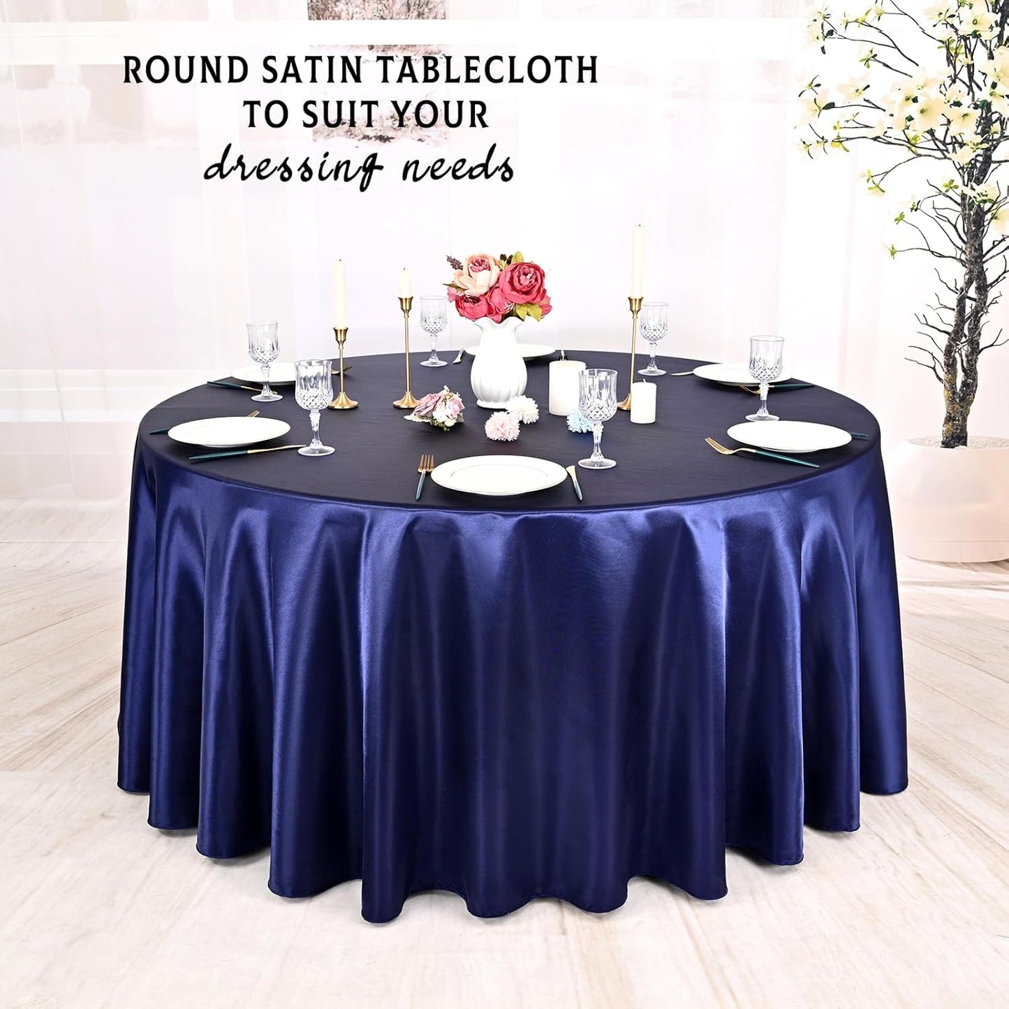 10 Packs Satin Tablecloth 120 Inch Navy Blue Round Table Cloth Silk Tablecloth Smooth Fabric Overlay Satin Table Cover Decoration for Wedding Party Banquet Events
