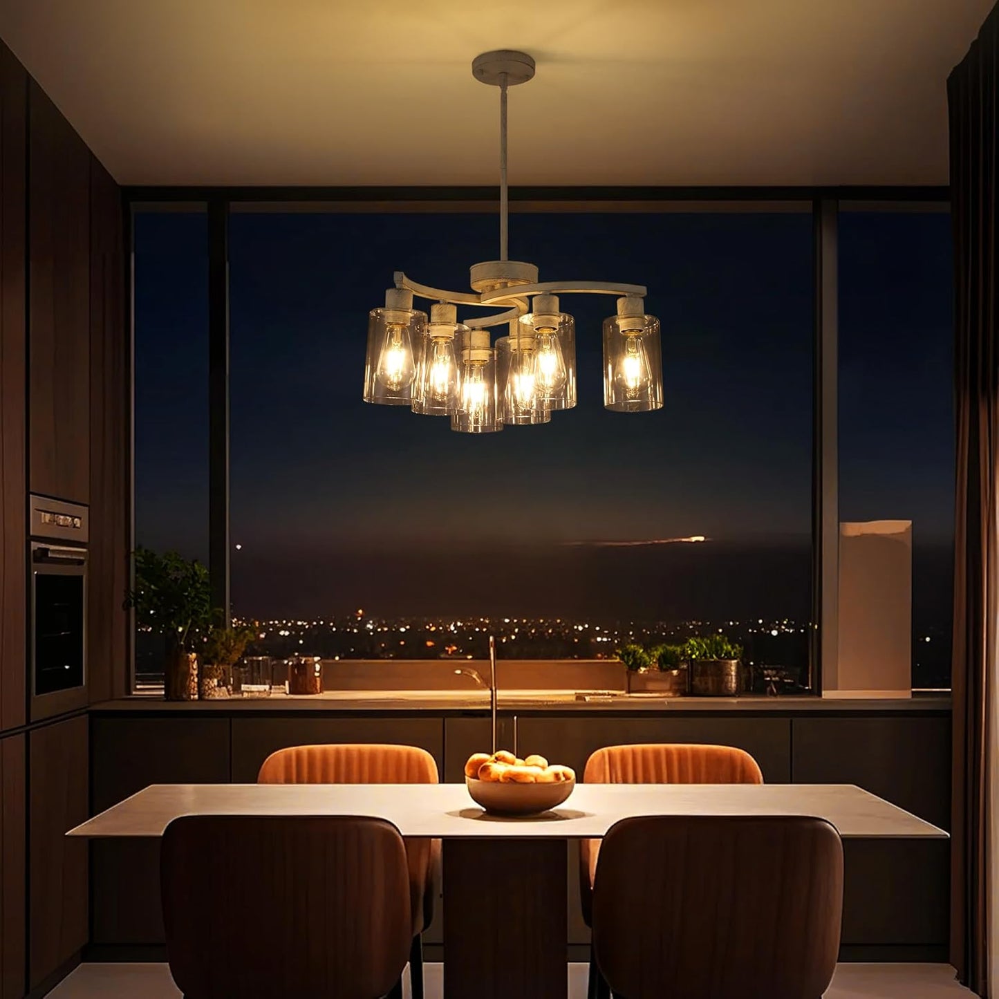 6-Light Antique White Chandelier with Clear Glass Shade, French Country Chandeliers for Dining Room, Adjustable Height Hanging Farmhouse Pendant Lighting for Kitchen Island Entryway Office