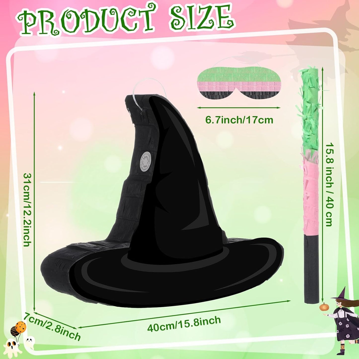 Kasyat Witch Hat Piñata Party Game Set Halloween Theme Piñata with Bat Stick Blindfold Pink Green and Black Party Decor for Halloween Birthday Baby Shower Game Supplies Decor (Witch Hat)