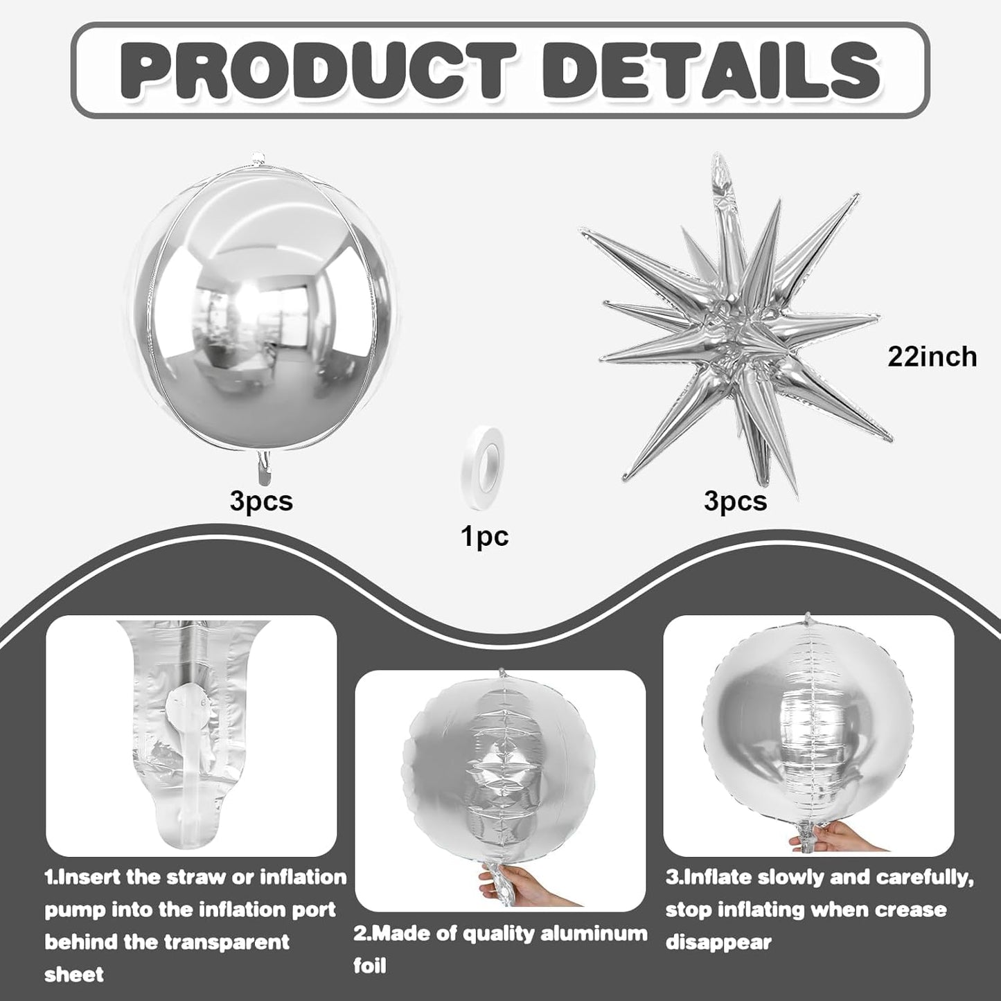 6Pcs Silver Foil Balloons,22Inch Silver 4D Round Ball Balloon and Explosion Star Balloon for Birthday Wedding Baby Shower Anniversary Graduation Decorations