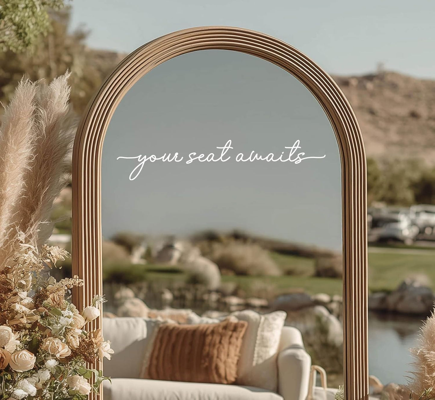Your Seat Awaits Vinyl Decal, Wedding Seating Sticker, Mirror Decal for Seating, Please Find Your Seat Signs, Wedding Decor Sign (White, Width 17")