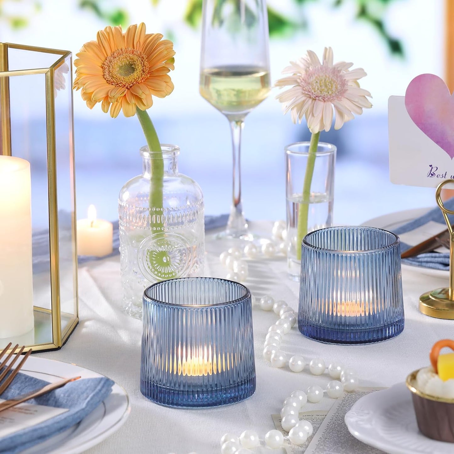 DARJEN Blue Ribbed Tealight Votive Candle Holders Set of 10- Votive Candle Holders for Table Centerpiece, Tea Light Candle Holder Glass for Wedding and Home Decor, Blue Decor and Gifts