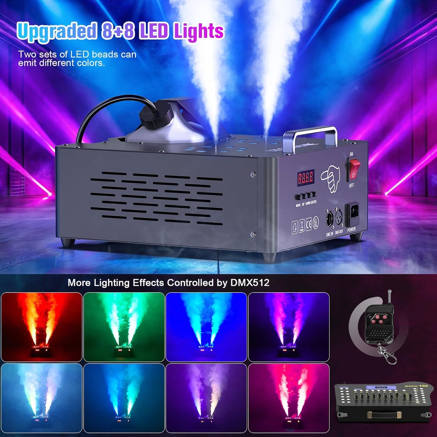 2000W Professional Fog Machine Dual Nozzle with 16 RGB LED, DMX Control Adjustable Smoke Direction, 2.5L Tank LCD Display 30000CFM for Halloween Christmas Stage DJ Party Club Events-2PC