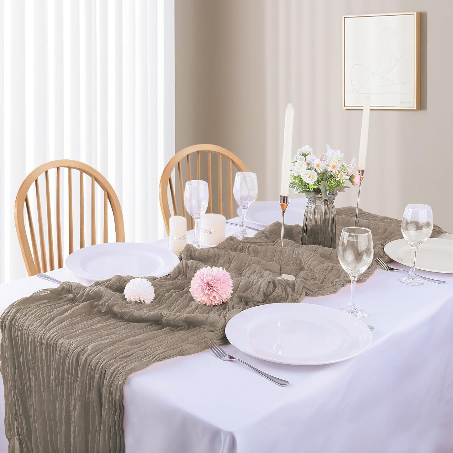 4 Pack Nude Cheesecloth Table Runner 35x120 Inch Boho Gauze Fabric Cheese Cloth Table Runner 10Ft Rustic Romantic Sheer Table Runners for Wedding Party Bridal Baby Shower Long Table Decoration