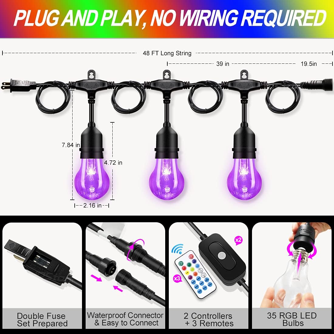 96FT Solar Outdoor String Lights, 30 Shatterproof Edison Bulbs, Dimmable Color Changing RGB LED Patio Lights with 2 Remote Controllers. Perfect for Backyard Decorative Lighting