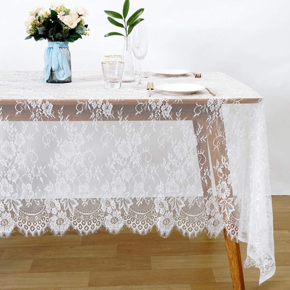 LuoluoHouse 2 Pack 60 x 120 Inch White Lace Rustic Table Cloths Vintage Farmhouse Table Fabric Wedding Outdoor Chic Decoration Embroidered Rectangle Table Linen