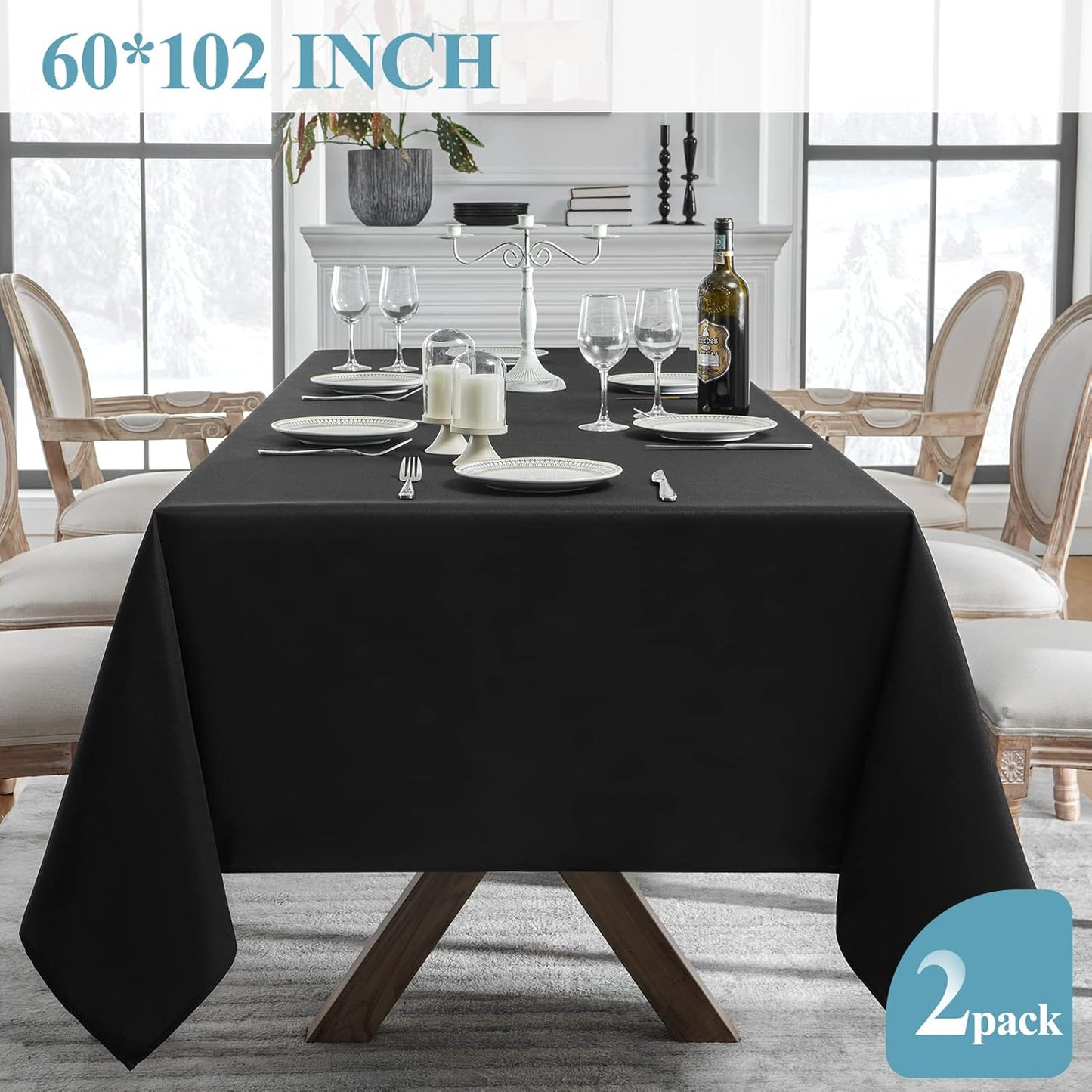 VidaFete Tablecloth 60 * 102inch 2pack Rectangle Table Cloth Polyester, Stain Wrinkle Resistant Dining Table Cover for Kitchen Dinning Party Wedding Rectangular Tabletop Buffet Decoration(Black)