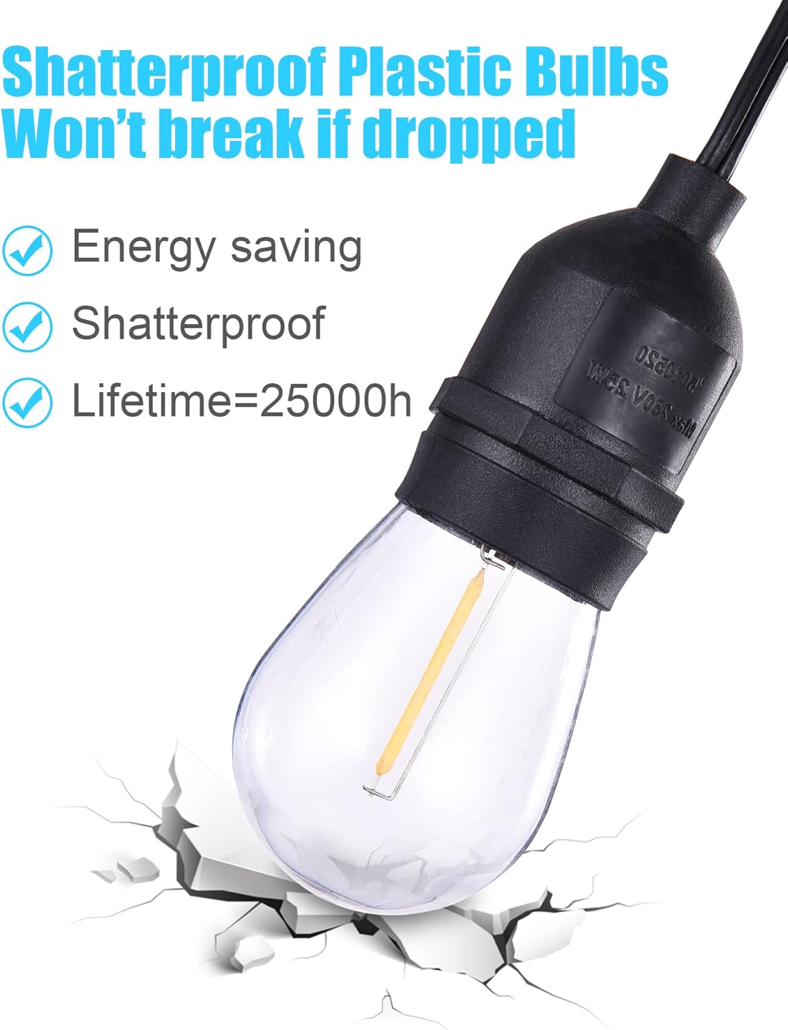 52FT Outdoor LED String Lights Shatterproof UL Listed 2FT Spacing with 26 Plastic Bulbs, Commercial Grade Hanging Lights String 24 Sockets, Decorative Patio Lights for Backyard Garden Party Bistro