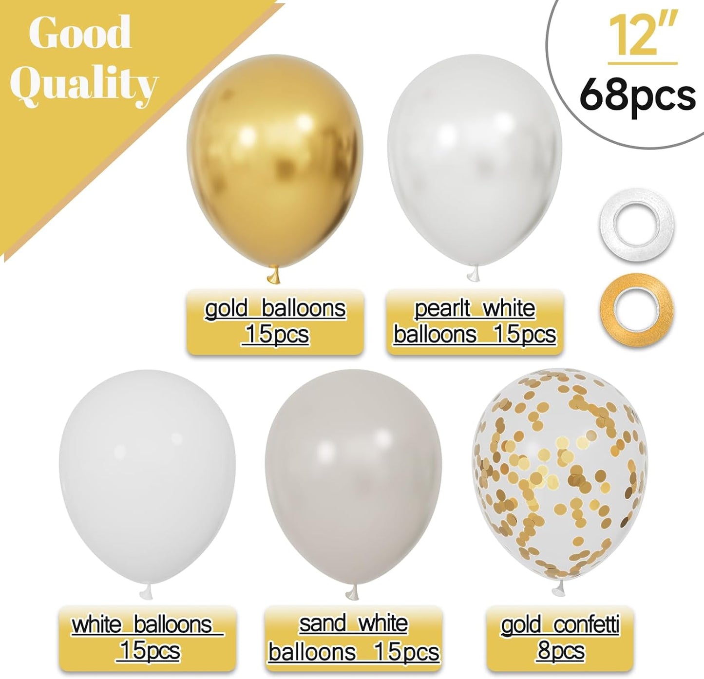 68Pcs Sand White Gold Confetti Balloons Kit 12 Inch Ballons Beige Pearl White Balloon Gold Party Balloons with Ribbons for Birthday Wedding engagement Baby Shower Graduation Decorations.