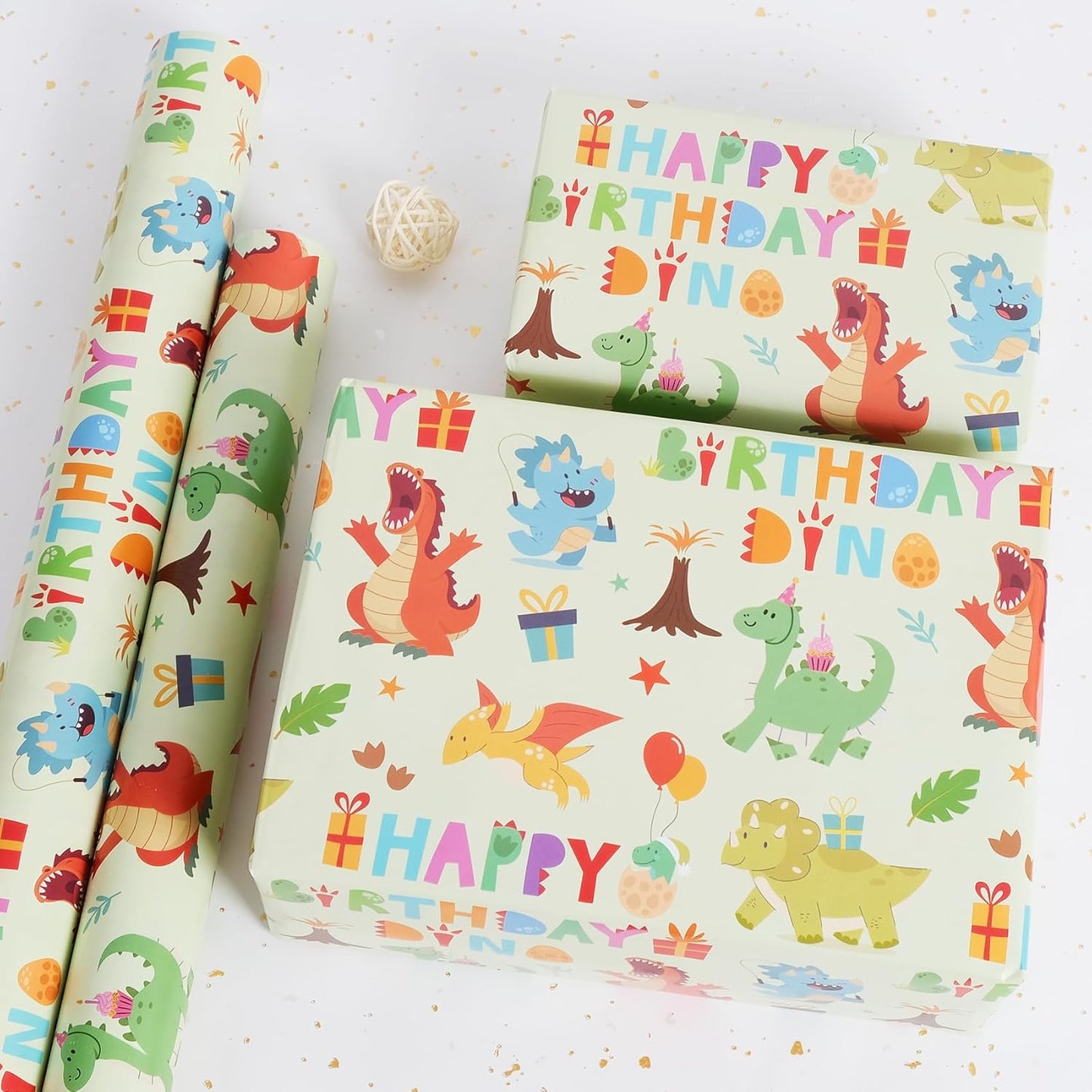 Aimyoo Dinosaur Birthday Wrapping Paper Roll - 17 Inch X 16.4 Feet - Green Happy Birthday Dino Pattern Gift Wrap Paper for Boys Party, Baby Shower, Holiday