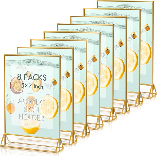 HOODO 8 Pack 5x7 Acrylic Table Number Holders with Golden Border, Double-Sided Clear Acrylic Sign Holder Gold Picture Frames Sign Holder, Vertical Stand (5"x7"-8 Pack)