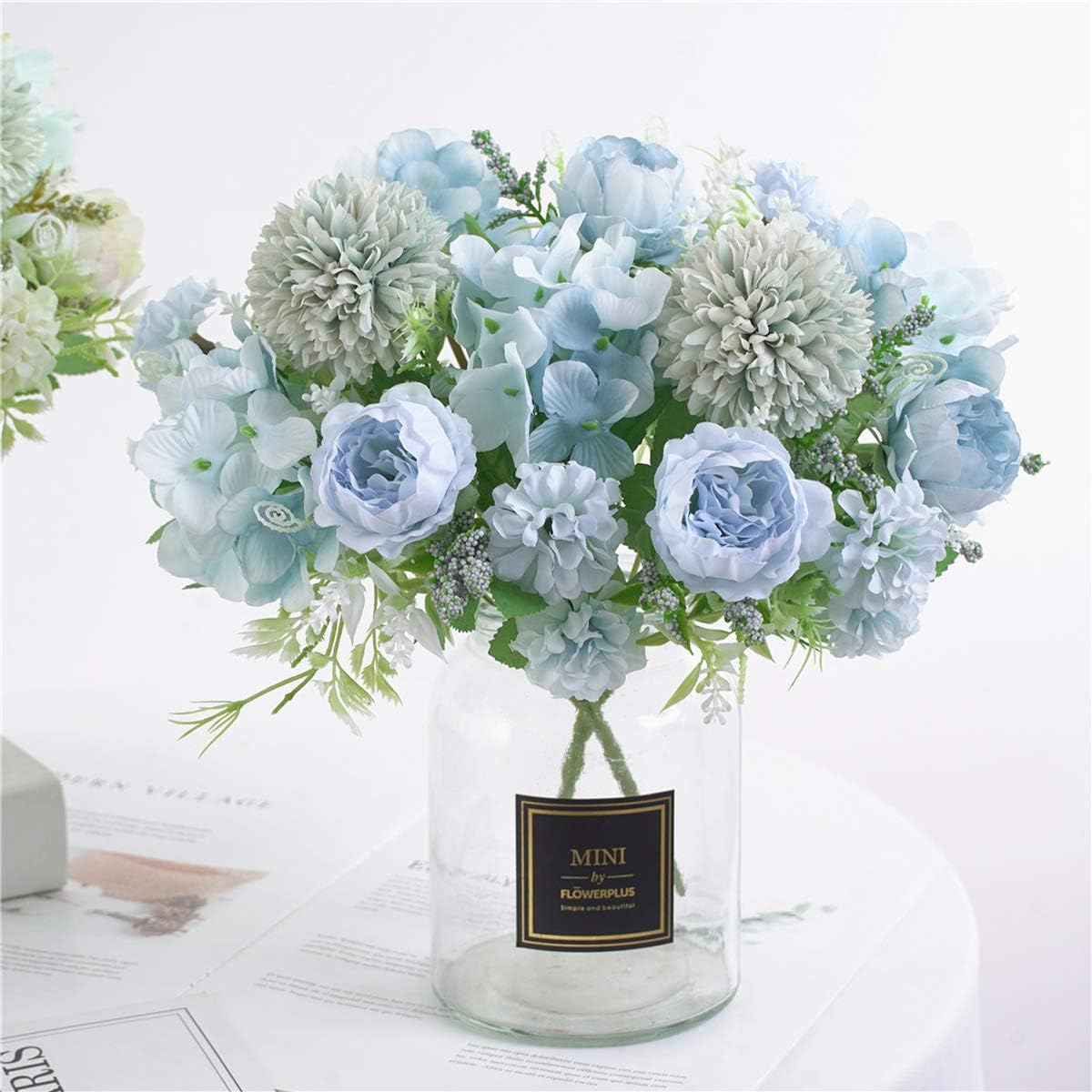6 Pack Artificial Flowers, Fake Faux Peony Silk Hydrangea Plastic Carnations Daisy Realistic Flower Arrangements for Wedding Decoration Table Centerpieces, for Home Office Party Decor (Blue)