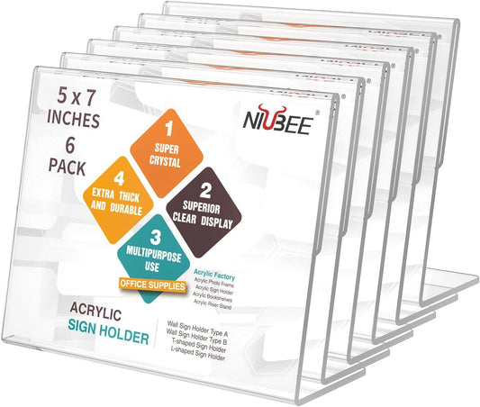 NIUBEE Slanted Back Acrylic Sign Holder 7 x 5 Inches, Clear Plastic Sign Holder Paper Display Table Stand for Office, Store, Restaurant -Horizontal (6 Pack)