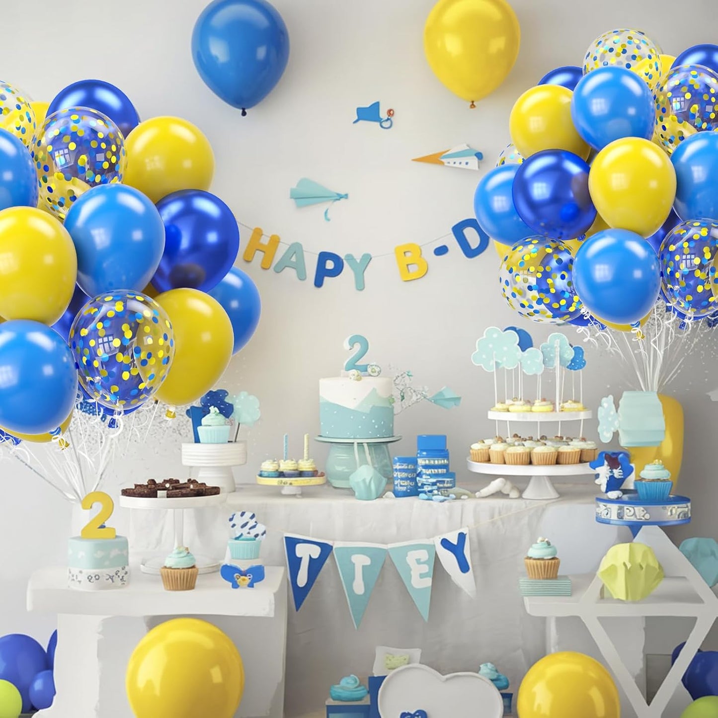 Yellow Blue Balloons, 12 Inches Blue Yellow Balloon Double Stuffed Metallic Blue Balloons with Confetti Ballons for Birthday Graduation Baby Shower Party Decoration