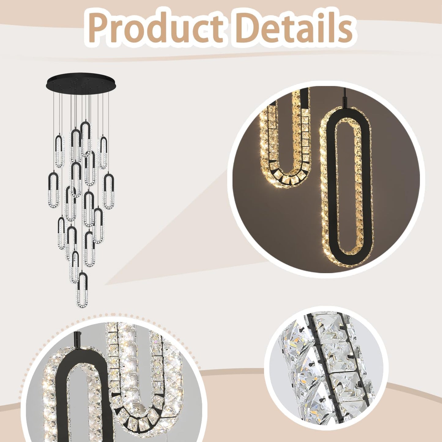 Large Staircase Crystal Chandeliers 16-Light Modern foyers Entrance 150" Long Chandeliers for High Ceilings Dimmable 2700K-6000K