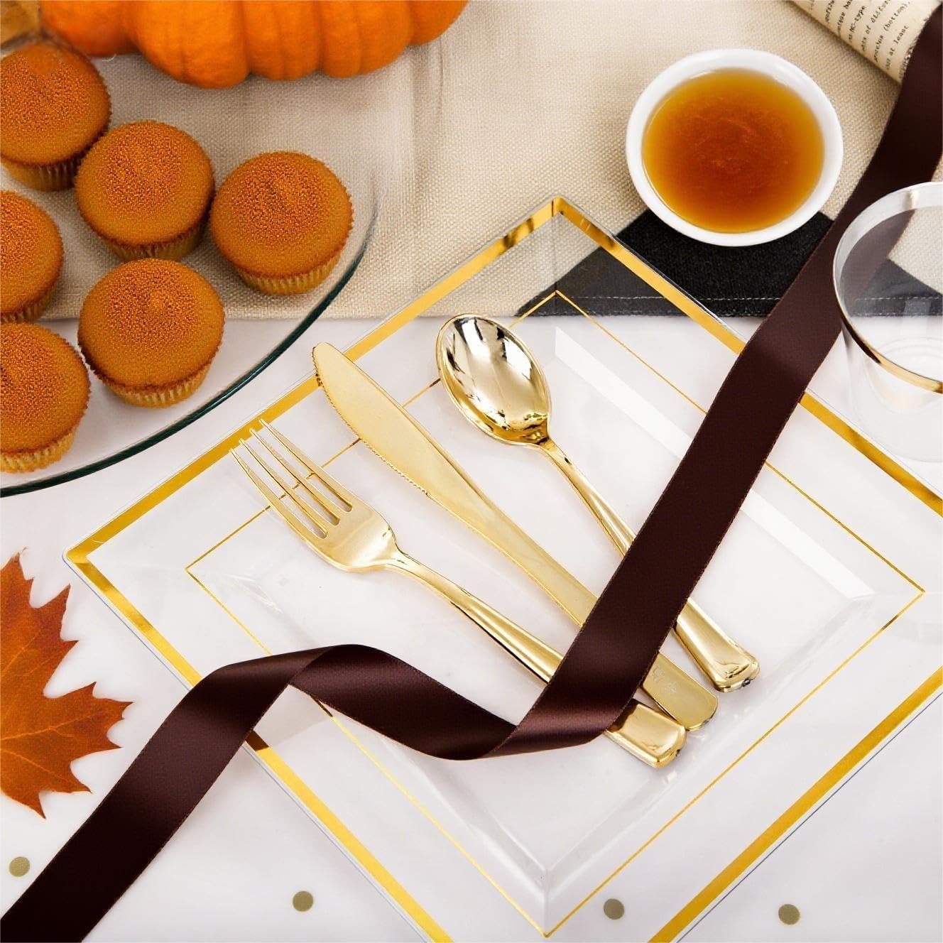 Festiva 350Pcs Clear Plastic Plates with Gold rim - Clear Gold Disposable Dinnerware for 50 Guests include 100 Square Plastic Plates 50Cups 50Cutlery 50Napkins Perfect for Thanksgiving Party&Wedding
