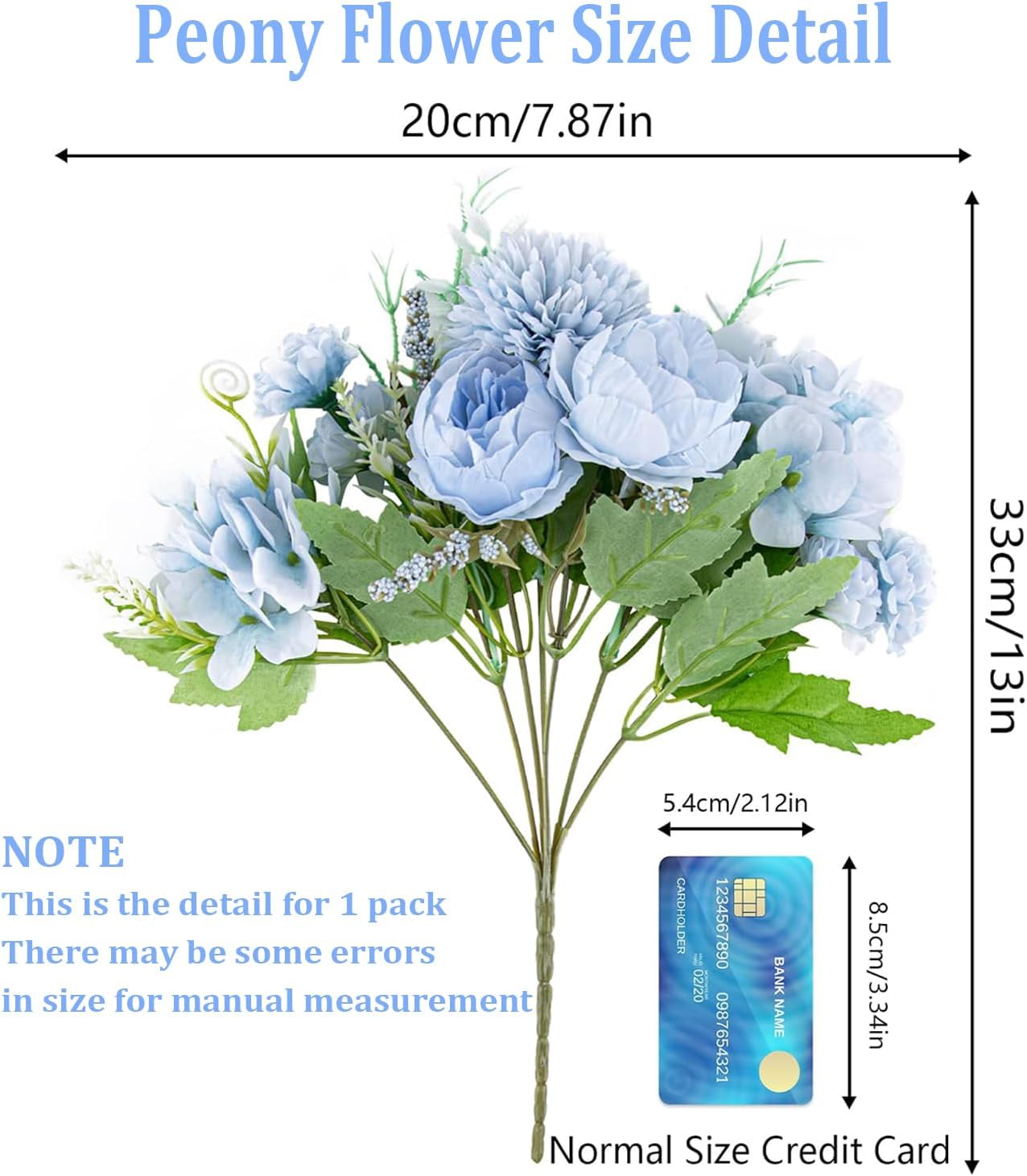 6 Pack Artificial Flowers, Fake Faux Peony Silk Hydrangea Plastic Carnations Daisy Realistic Flower Arrangements for Wedding Decoration Table Centerpieces, for Home Office Party Decor (Blue)
