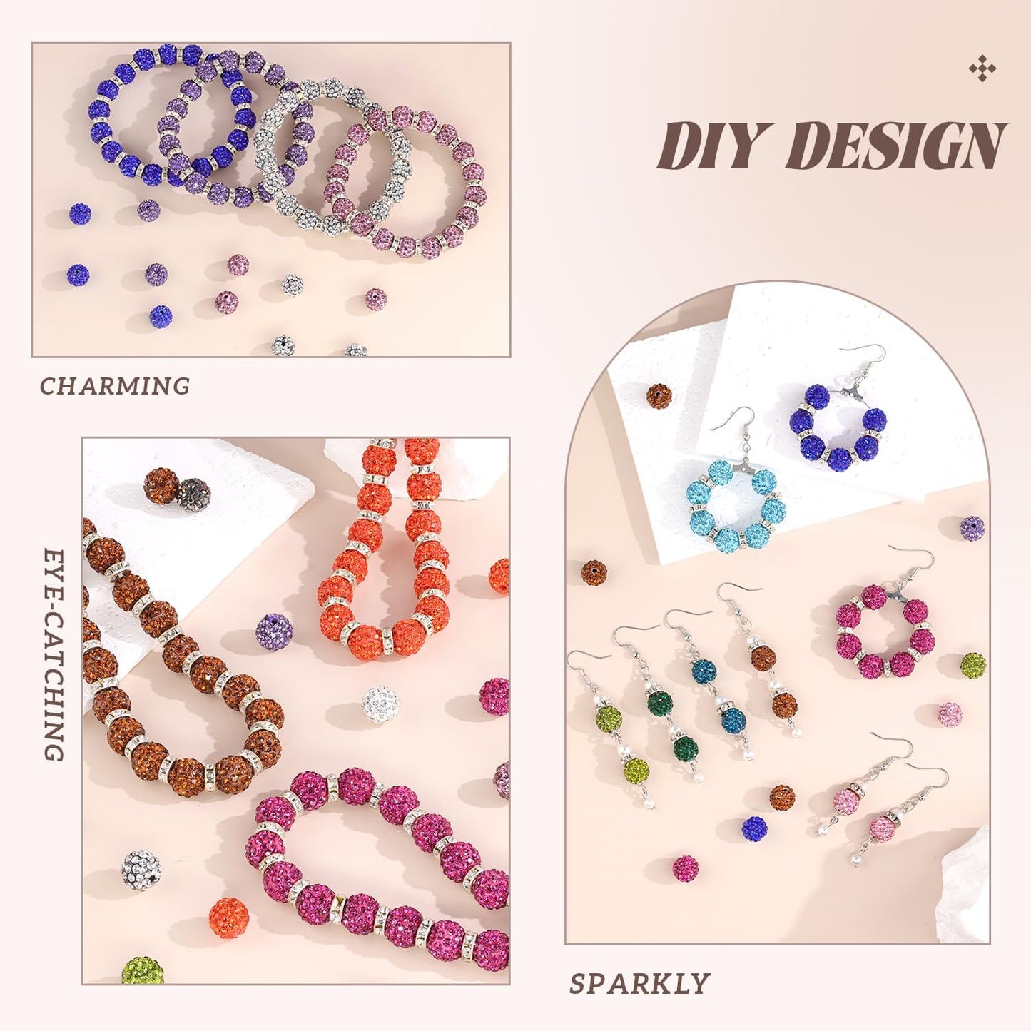105pcs 10mm Rhinestone Beads for Jewelry Making, Hematite Shiny Round Disco Ball Beads Bulk, Sparkle Crystal Clay Christmas for Bracelet Baseball Necklace Earring Crafting and DIY