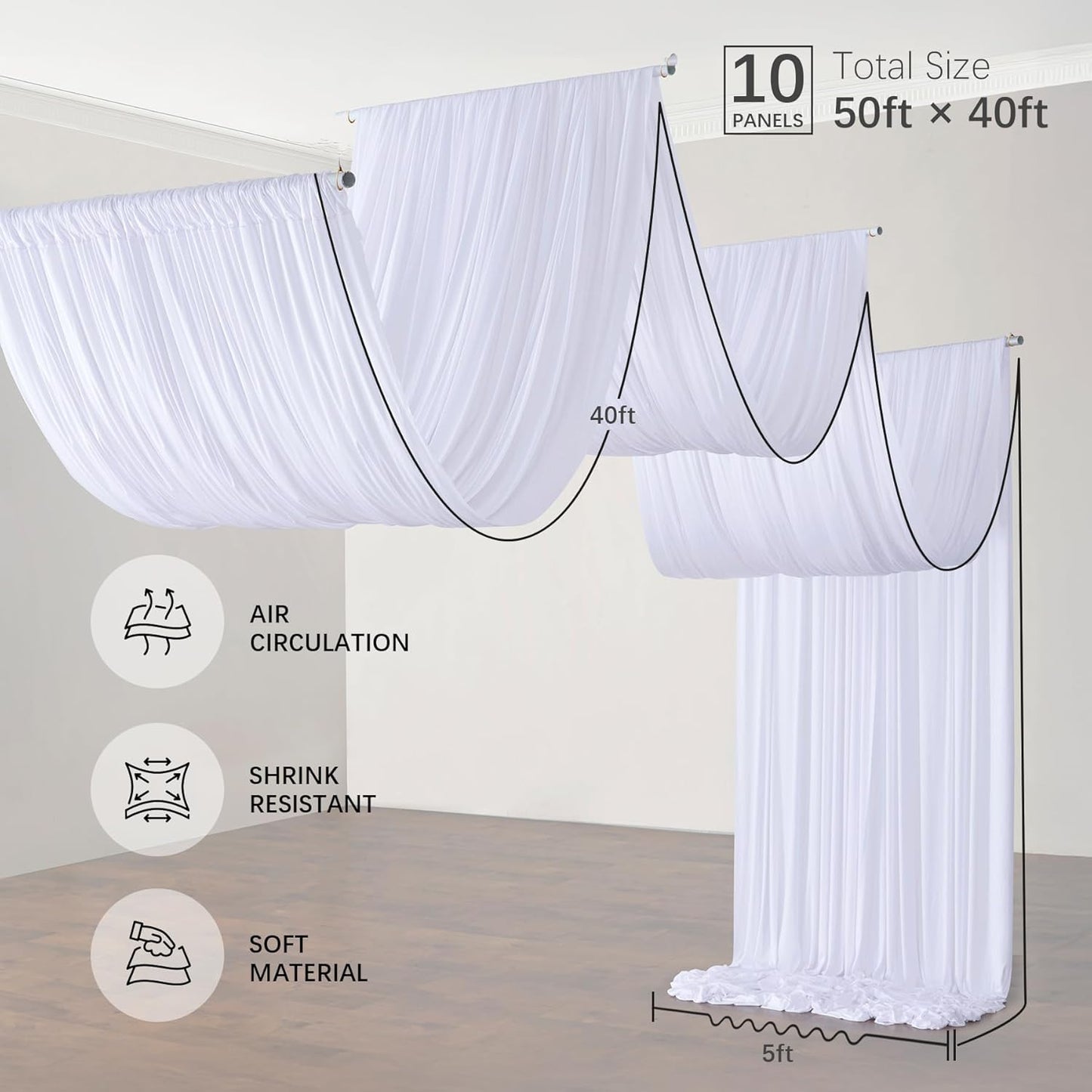 PartyVillage 50ftx40ft White Ceiling Curtain for Wedding Parties – 10 Panels Wrinkle-Free 40 FT Long Tent Draping Curtains for Wedding, Birthday & Theme Parties, 40ft Height with Rod Pocket