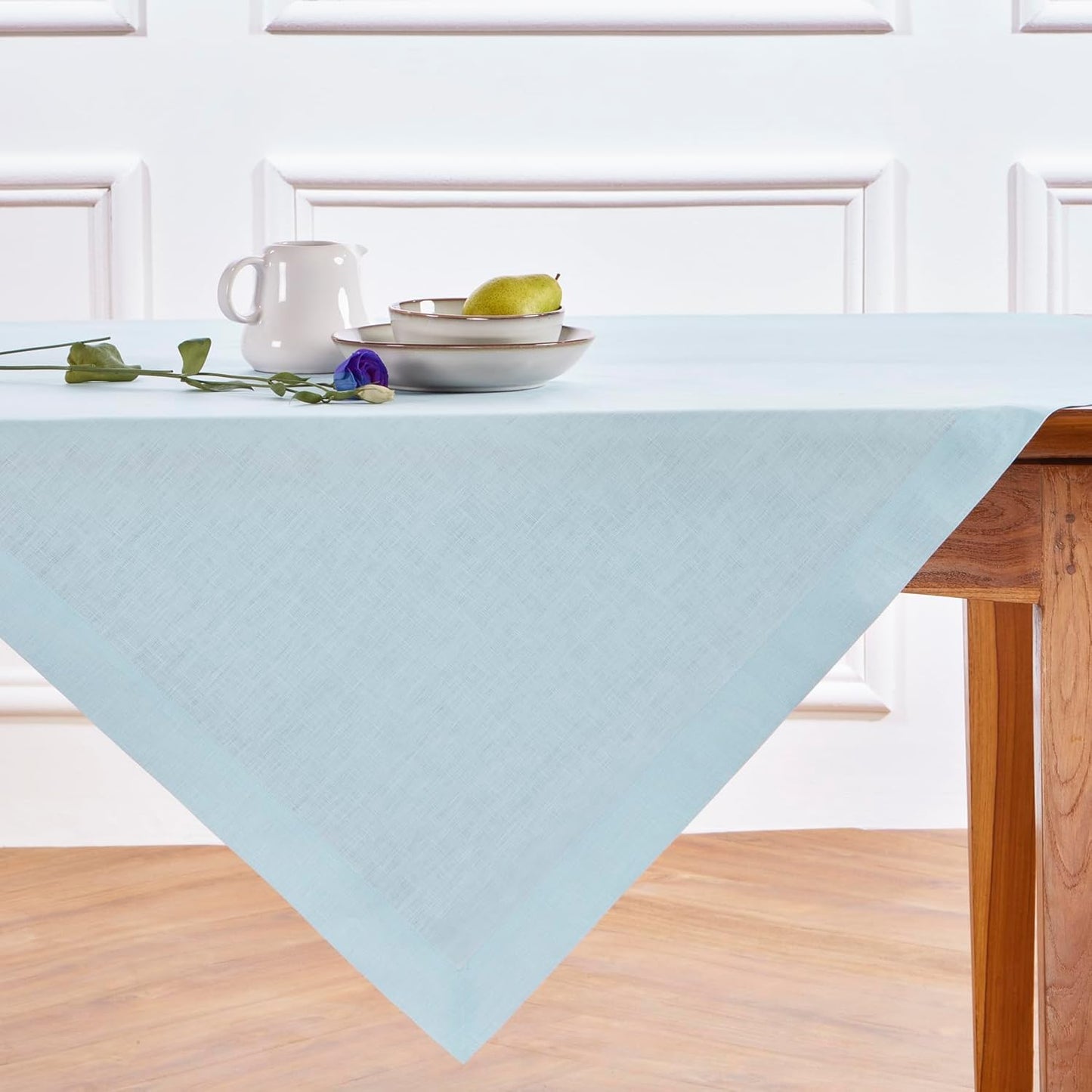 Solino Home Linen Tablecloth 52 x 52 Inch - 100% Pure Linen Ice Water Square Tablecloth - Fete, Machine Washable Table Throw for Christmas, Holiday