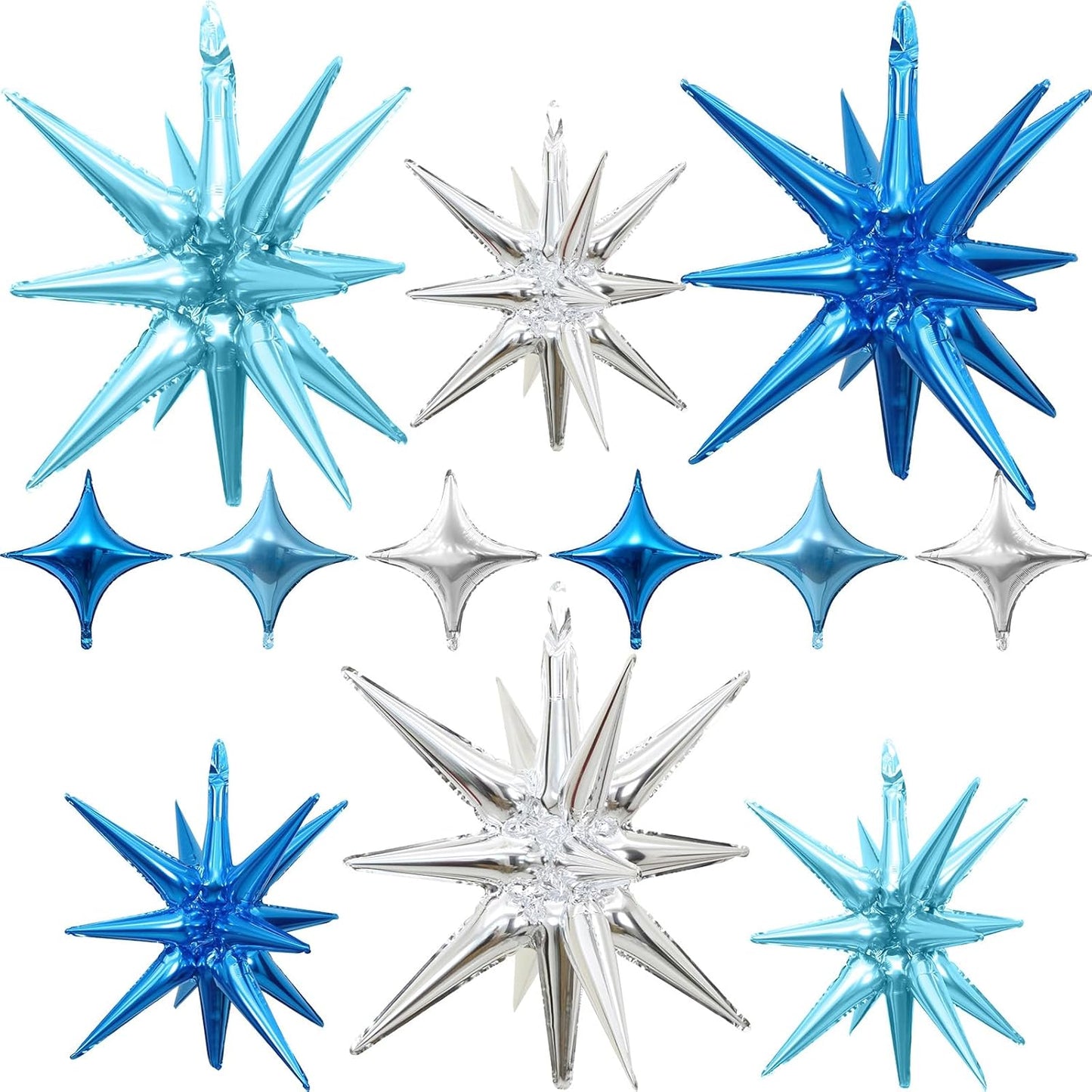 Blue Silver Star Balloons 12pcs, 27/22 Inch Foil Star Explosion Balloons, Large Spike Mylar Cone Balloon, Fireworks Shape Balloon for Men Boys Birthday Space Theme Party Backdrop