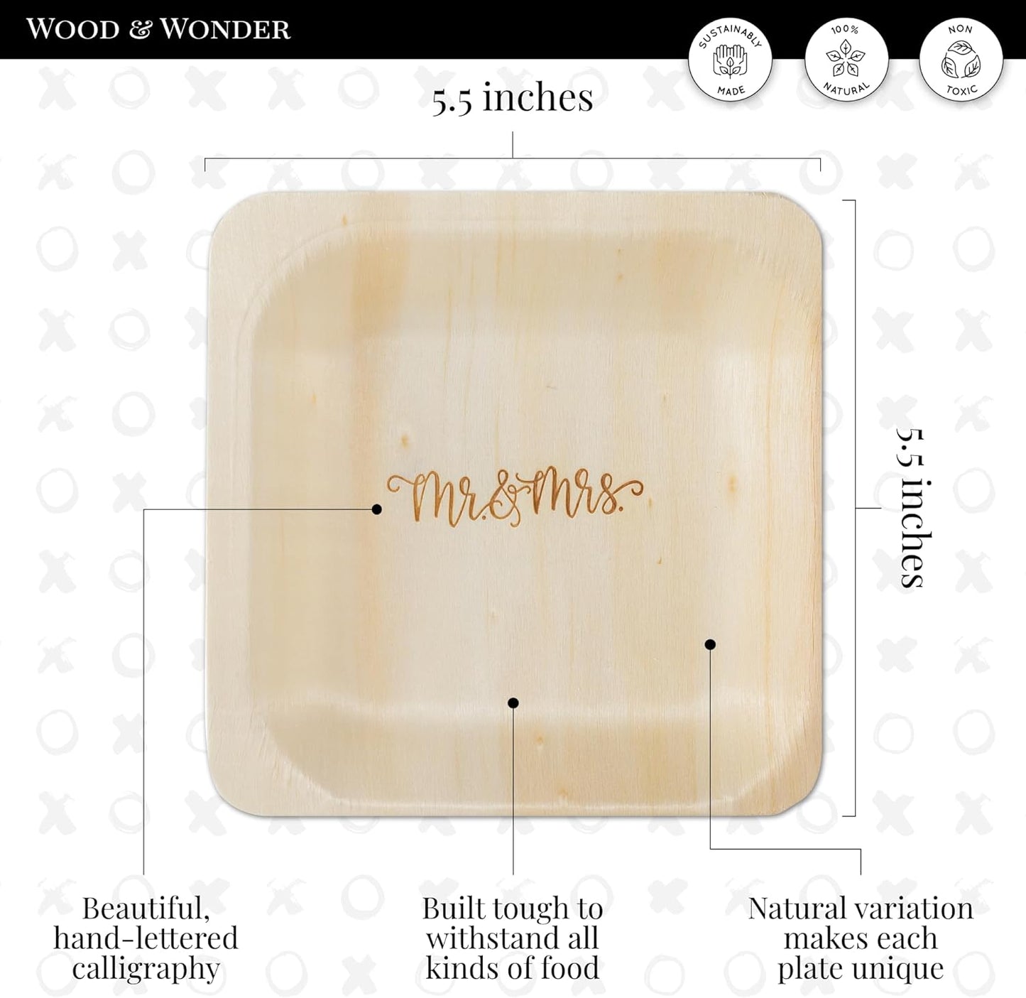 Mr. and Mrs. Disposable Wedding Plates – Rustic, Compostable Alternative to Plastic Plates for Wedding Receptions, Engagement Parties, and Rehearsal Dinners (Appetizer, 50-Pack)