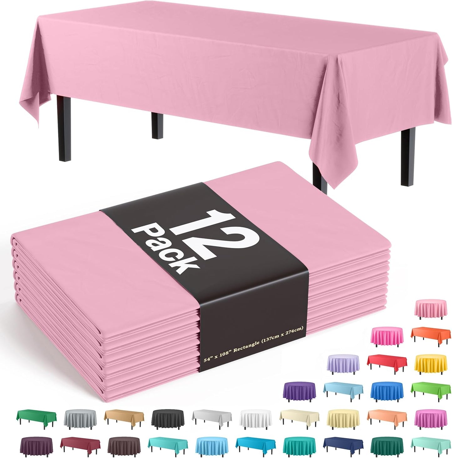 Party Solids Pack Of 12 Premium Plastic Tablecloth 54 Inch x 108 Inch Rectangle Table Cover - Pink