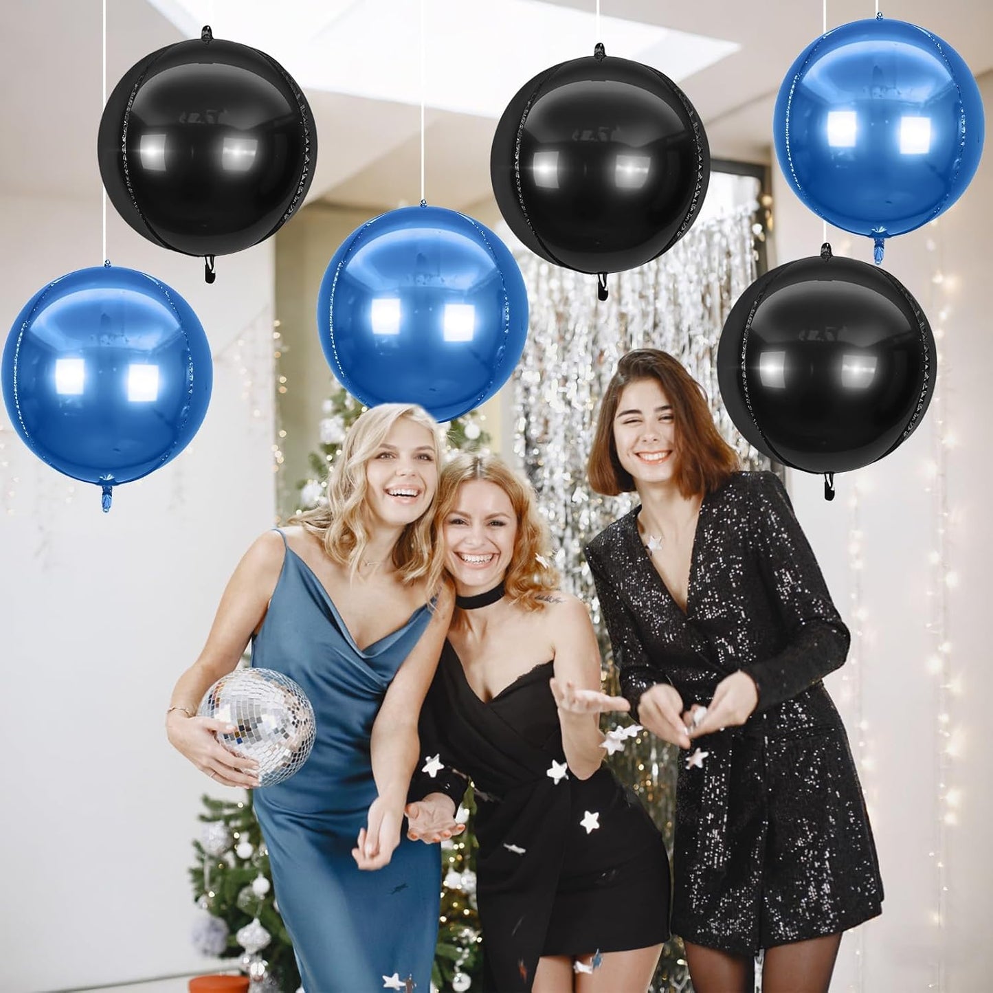 6Pcs Blue Black Round Foil Balloons,Giant 4D Round Ball Balloon,22 Inch Metallic Blue Black Balloons for Birthday Wedding Graduation Prom Party Decorations