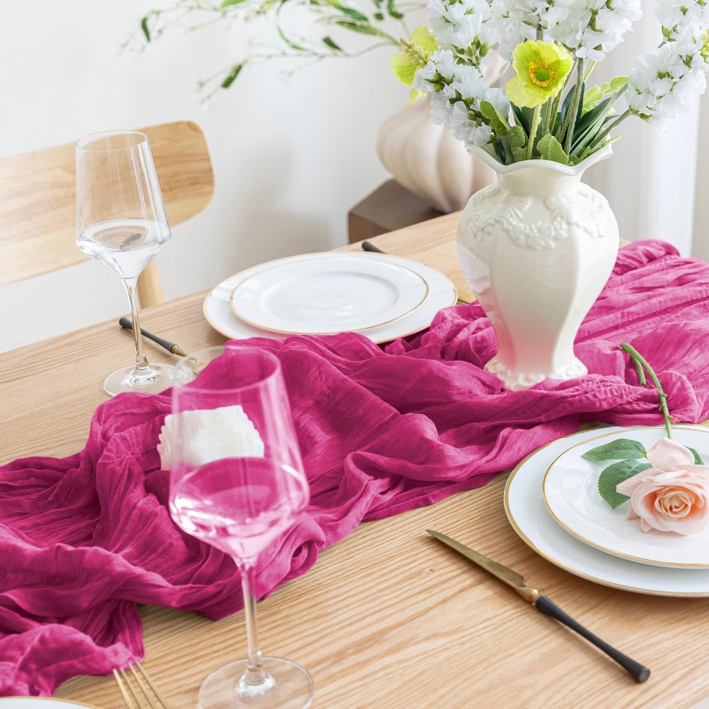 Asee'm Cheesecloth Table Runner 120 Inches Long Fuchsia Boho Gauze Cheese Cloth Runner 10FT Rustic Sheer Fall Table Runners for Thanksgiving Wedding Party Baby Shower Decoration