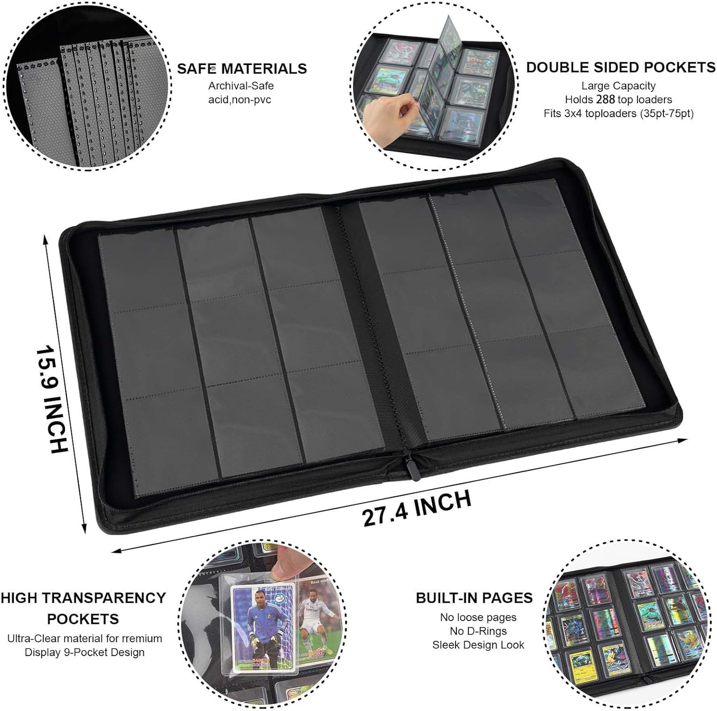 Toploader Binder with 9-Pocket Pages, Holds 288 "3×4" Rigid Toploader Hard Cases, Card Holder for Collectible Cards or Sports Cards, Durable Sleeves for Storage & Display (Gray)
