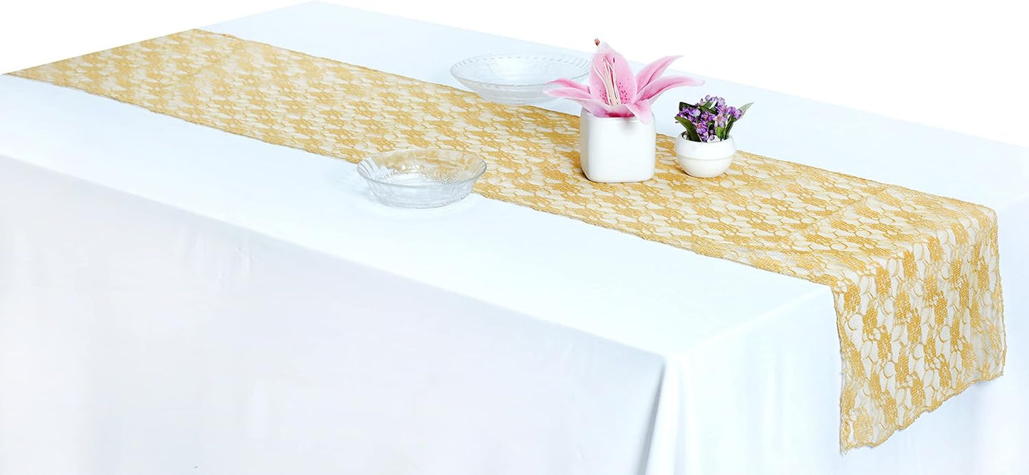 MDS Pack of 5 Wedding 12 x 108 inches Lace Table Runner for Wedding, Decorations for Birthday Parties, Banquets, Graduations, Engagements, and Runners fit Rectangle, Round Table- Gold