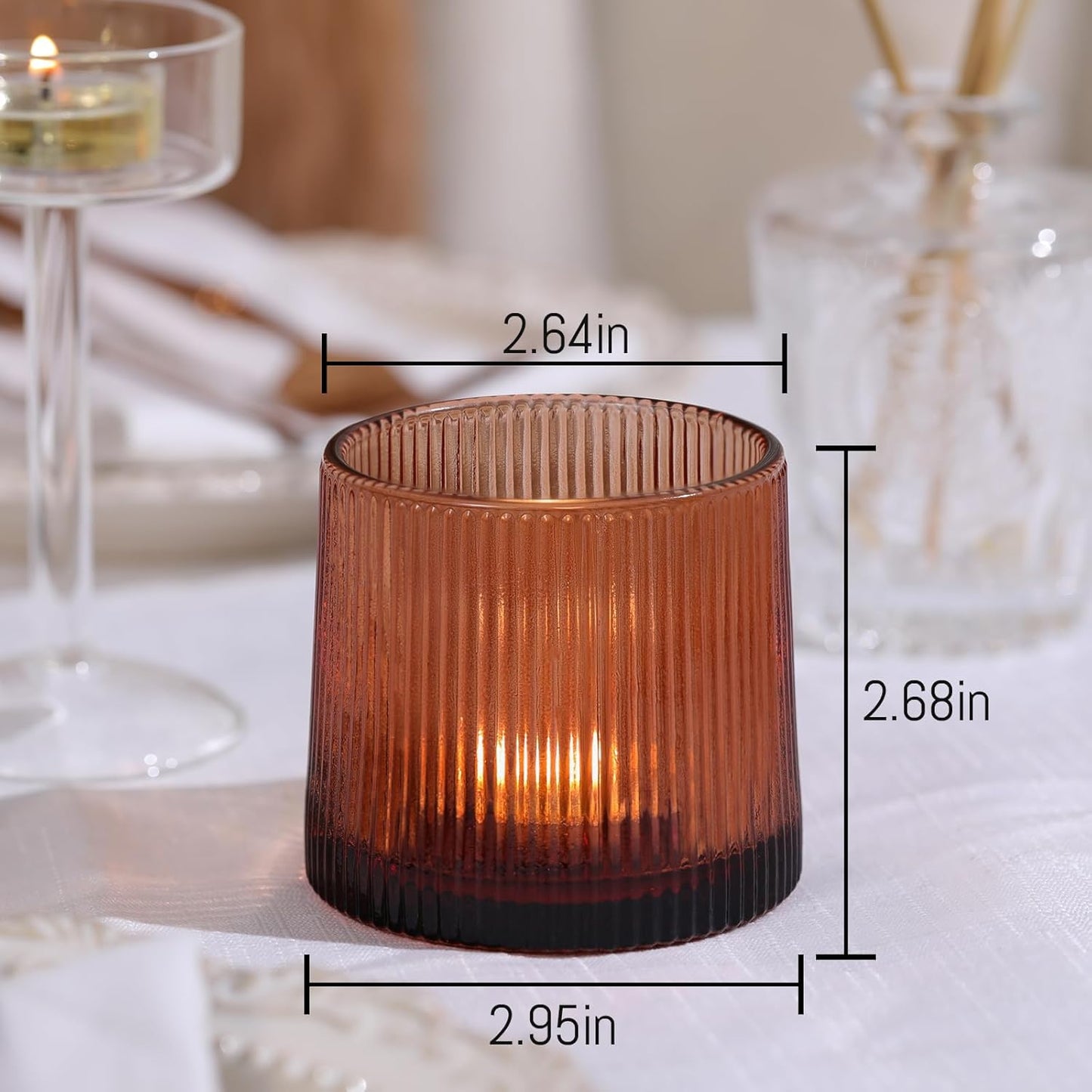 Amber Ribbed Tealight Votive Candle Holders Set of 10- Votive Candle Holders for Table Centerpiece, Tea Light Candle Holder Glass for Wedding and Home Decor, Blue Decor and Gifts