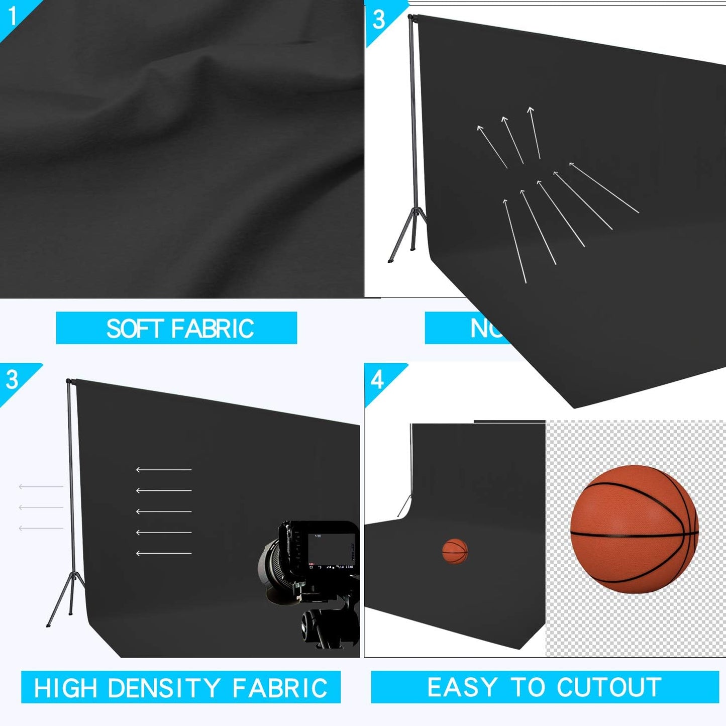 ISSUNTEX 5X6.5 ft Black Background Backdrop,Photo Studio,Collapsible High Density Screen for Video Photography and Television