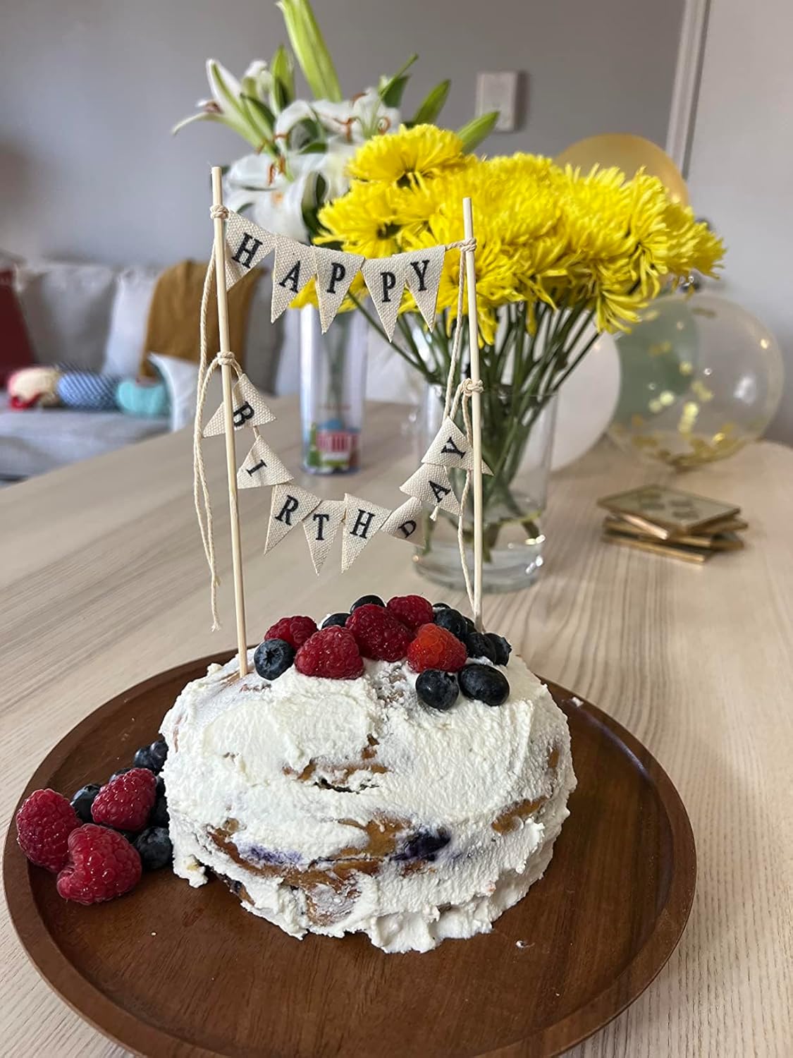 Happy Birthday Cake Bunting Topper Cake Topper Garland, Handmade Pennant Flags with Wood Pole Ivory (Without Pink Rose)