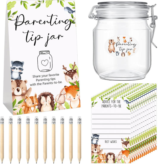 Roowest Baby Shower to Baby Advice Cards for New Parents to Be - Tip Jar Sign for New Parents 60 Parenting Advice Cards 10 HB Pencils 2 Cute Stickers 1 Pet Bottle for Guests Games(Woodland)