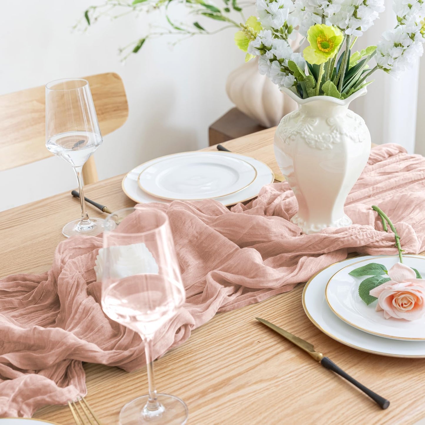 Asee'm 4pcs Cheesecloth Table Runner 120 Inches Dusty Pink Boho Gauze Cheese Cloth Runner 10FT Rustic Sheer Table Runners for Summer Wedding Baby Shower Holiday Party Decoration