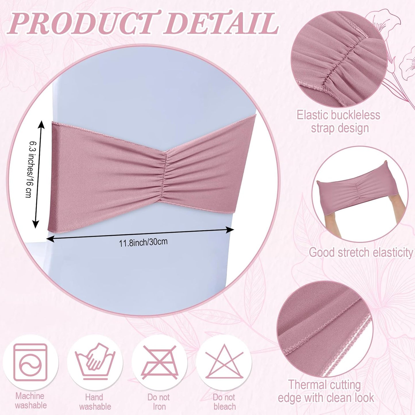 Moukeren 100 Pcs Spandex Chair Sashes Bows Bands Slider Sashes for Chair Covers Elastic Bands Ties Ribbon Decorations for Wedding Party Events Ceremony Birthday Banquet(Dusty Pink)