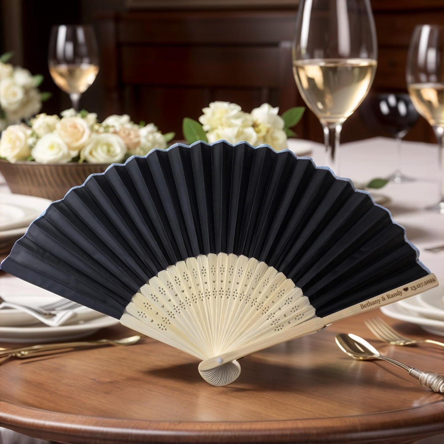50Pcs Personalized Silk Fans Folding Hand Fan, Custom Wedding Bridal Party Favors, Summer Wedding Bride, Wedding Gift, Thank You Gift (Black)