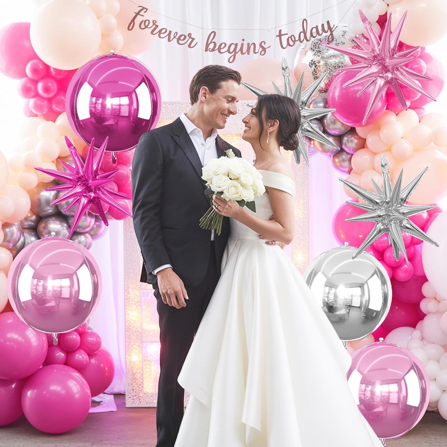 6Pcs Pink Silver Foil Balloons,22Inch Hot Pink Silver 4D Round Ball Balloon and Explosion Star Balloon for Birthday Wedding Baby Shower Anniversary Decorations