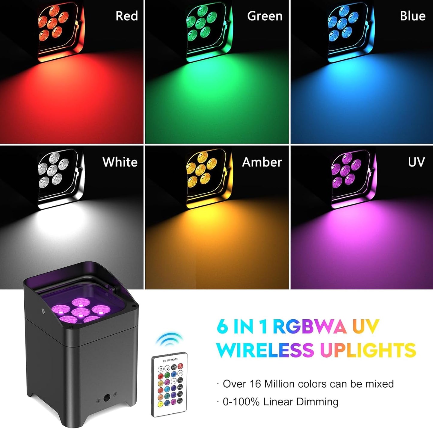 9600mAh Wireless Uplights, 6x18W RGBWA UV Rechargeable Stage Lights, APP/DMX512/Remote Controlled Par Lights, Battery Powered Uplights for Show, Party, Festival, Event， 8 Pack