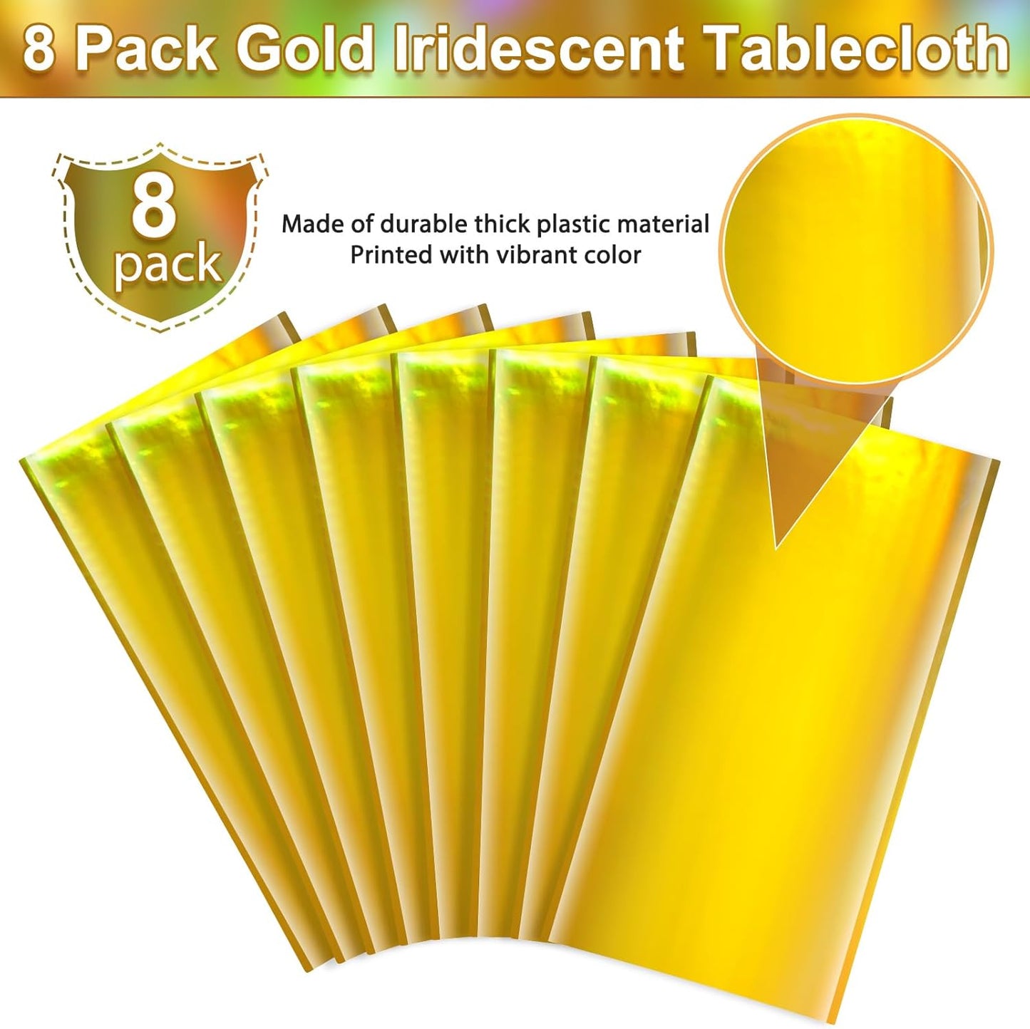 8 Pack Gold Iridescent Plastic Tablecloths Shiny Disposable Laser Rectangle Table Covers Holographic Foil Tablecloth Iridescent Party Decorations Birthday Bridal Wedding Christmas, 54 x 108 Inch