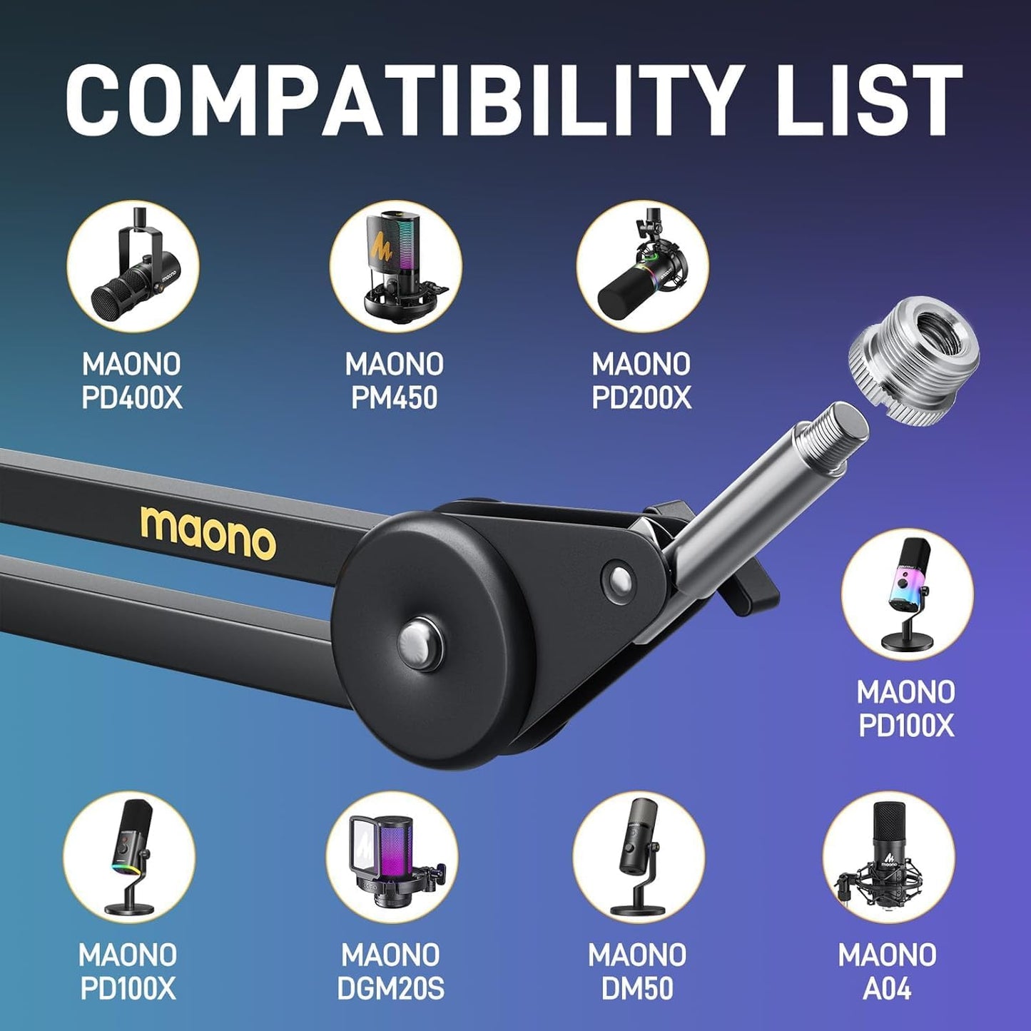 MAONO Microphone Boom Arm: Heavy Duty Adjustable Metal Suspension mic stand with Upgraded Desk Clamp and 3/8" to 5/8" Screw Adapter for Podcasting Recording Streaming Gaming - BA37