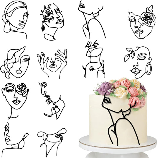 12 Pcs Acrylic Lady Face Cake Topper Minimalist Art Happy Birthday Cake Toppers Women Wedding Cake Decoration for Wedding Birthday Party (Black)
