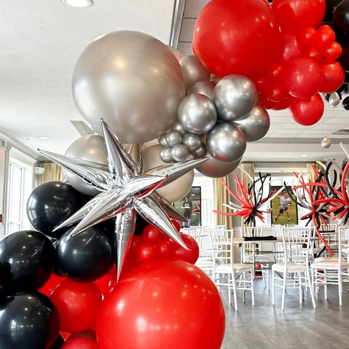 Black Red Silver Star Balloons 12pcs, 27/22 Foil Inch Star Explosion Balloons, Large Spike Mylar Cone Balloon, Fireworks Shape Balloon Decor for New Year Casino Night Racing Car Theme Prom