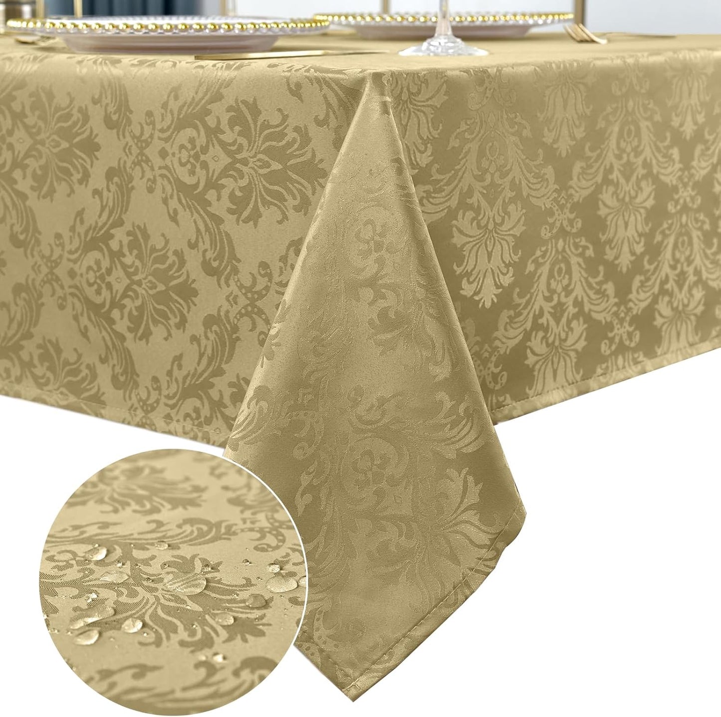 SASTYBALE Rectangle Jacquard Tablecloth - 60 x 102 Inch Spill Proof Wrinkle Resistant Damask Table Cloth, Soft Polyester Oblong Table Cover for Kitchen Parties Farmhouse, Gold