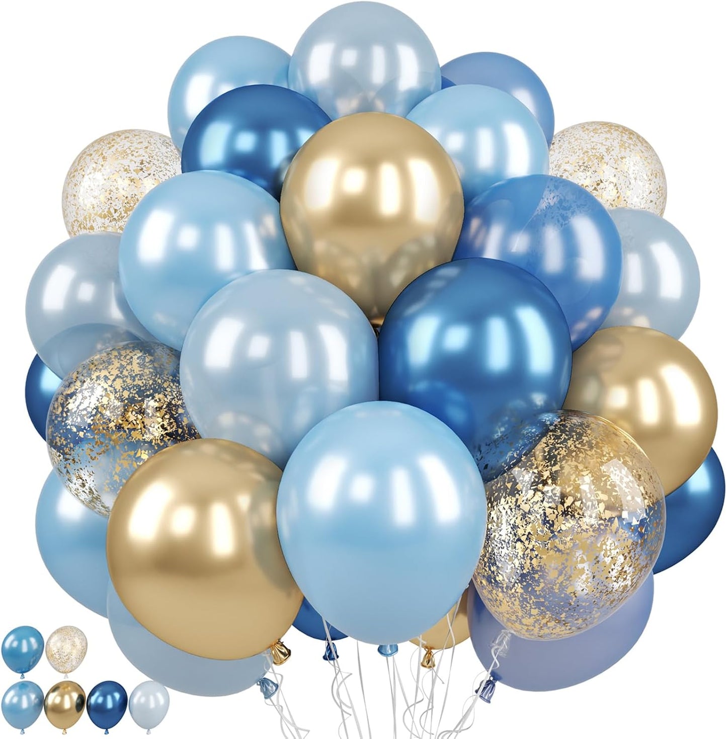 Blue and Gold Balloon, 50 Packs 12 Inch Metallic Blue Pearl Double Stuffed Blue Balloons with Gold Confetti Ballons for Birthday Party Decorations Wedding Bridal Shower Baby Shower Graduate
