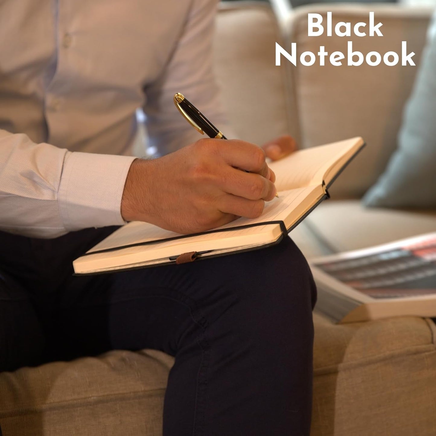 SETTINI Journal Notebook for Writing, Vegan Leather Hardcover Notebook - Pen loop, Back Pockets & Lay-Flat design, 120 GSM A5 College ruled Bleed free Paper, Gift Set for Men and Women, Onyx Black - Birthday Gift