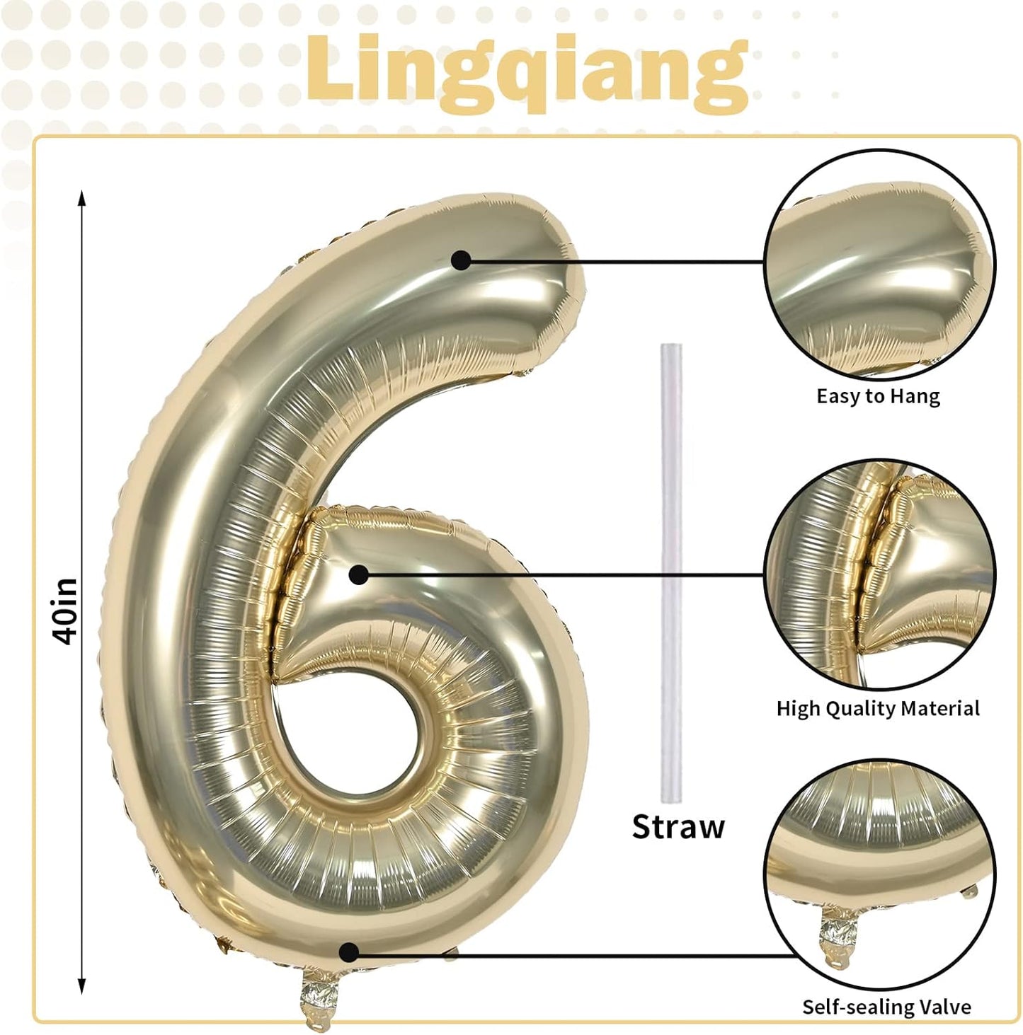 Champagne Gold Number 6 Balloon, 40In Large Foil Number Balloons Set 0-9 for Women, Self Inflating Light Gold Digital 6 Helium Balloon for Girls Boys 6th Birthday Anniversary Party Decoration Supplies