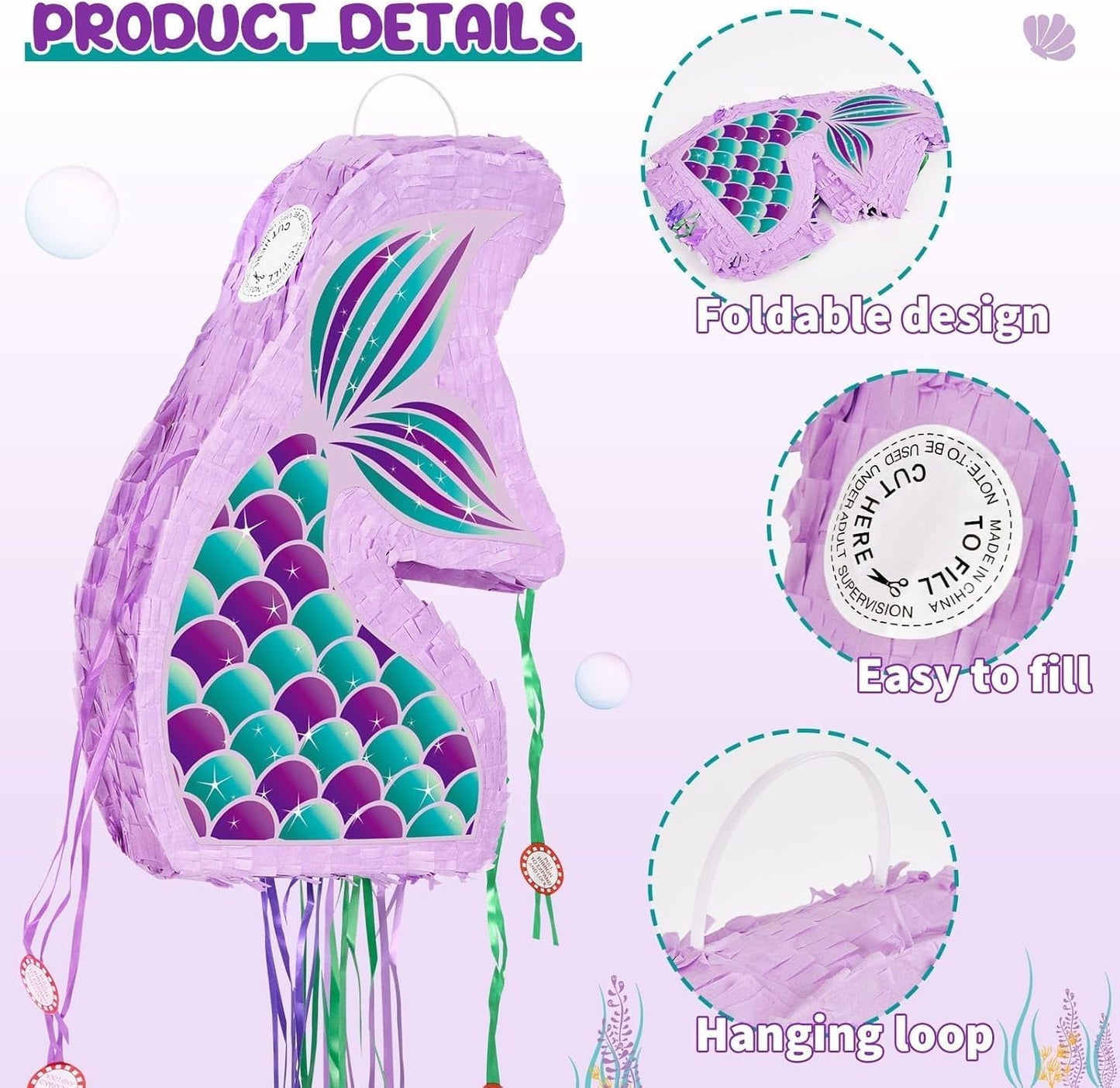 WERNNSAI Foldable Mermaid Piñata - Pull String Mermaid Birthday Party Supplies Mermaid with Blindfold Bat and Tassels Mermaid Party Decoration Games Folding Purple Mermaid Piñatas for Classroom Game